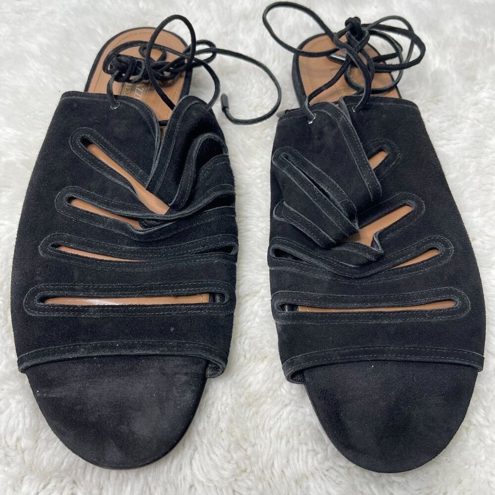 Aquazurra Sloane Women's Black Perforated Strappy Flat Shoes Size 37